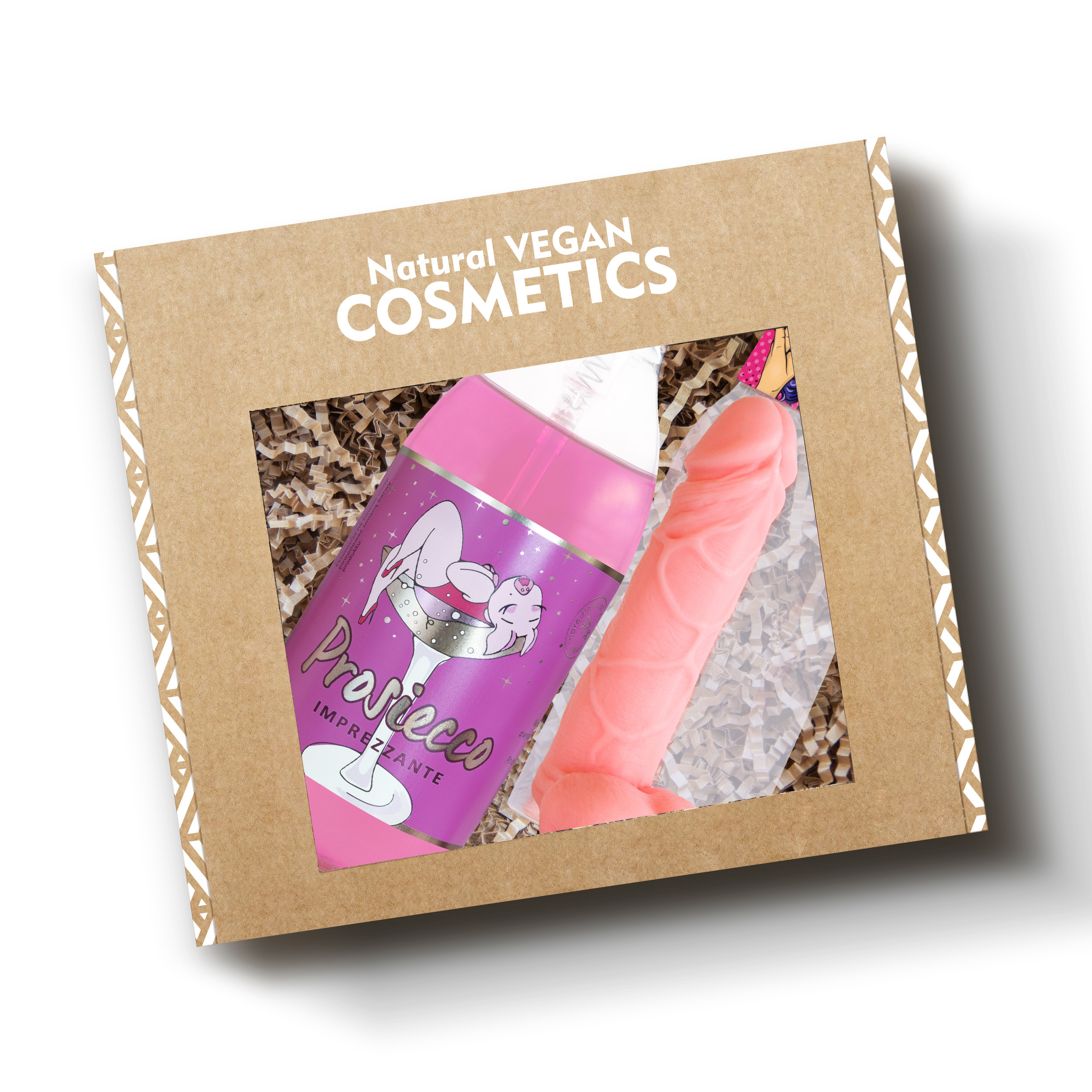 zestaw dla kobieta zawierający żel pod prysznic Prosiecco 500 ml w butelce z pompką oraz mydłem w kształcie penisa w pudełku prezentowym na sianku