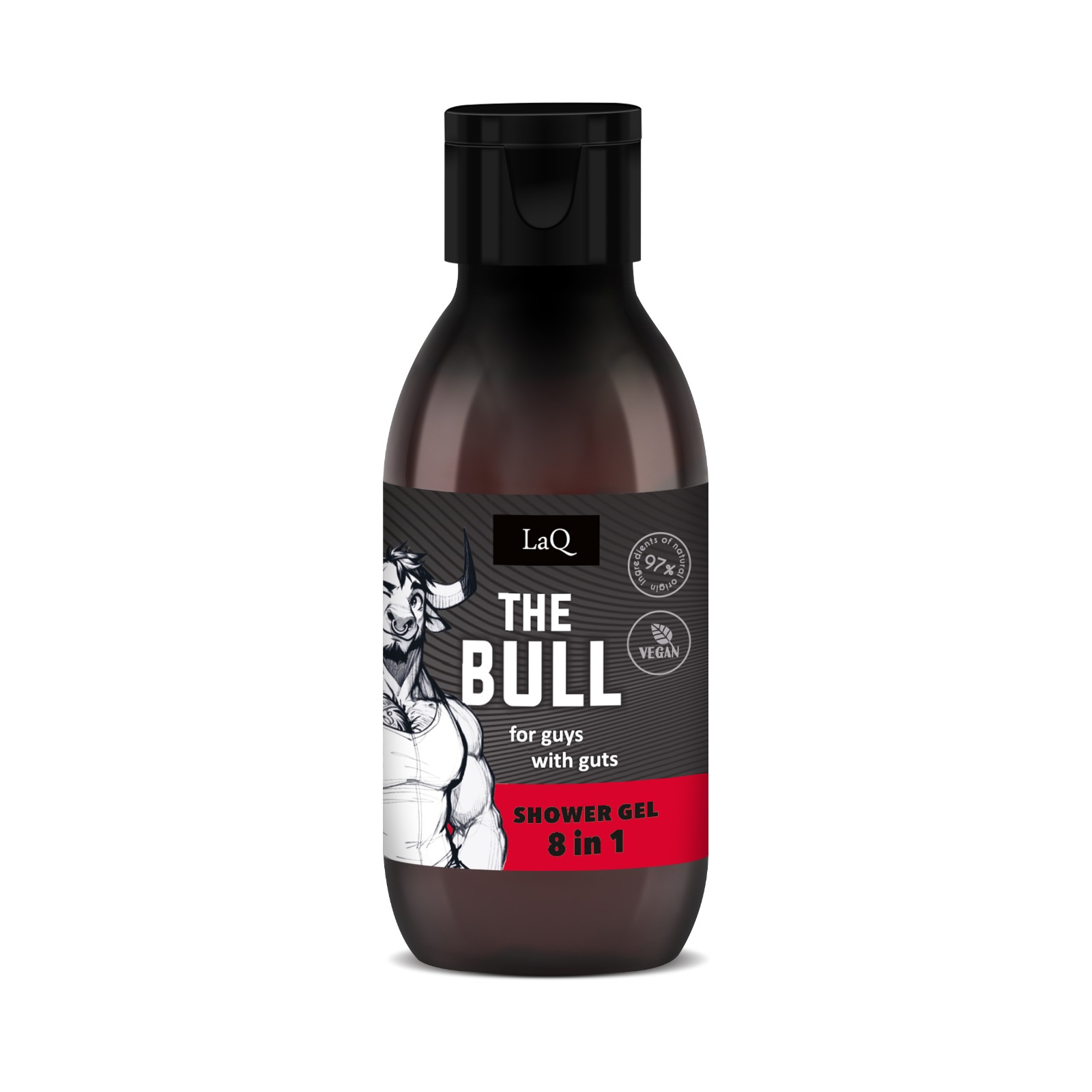 żel pod prysznic The Bull 100 ml w brązowej butelce trivel size z czarno-czerwoną etykietą z wizerunkiem byka