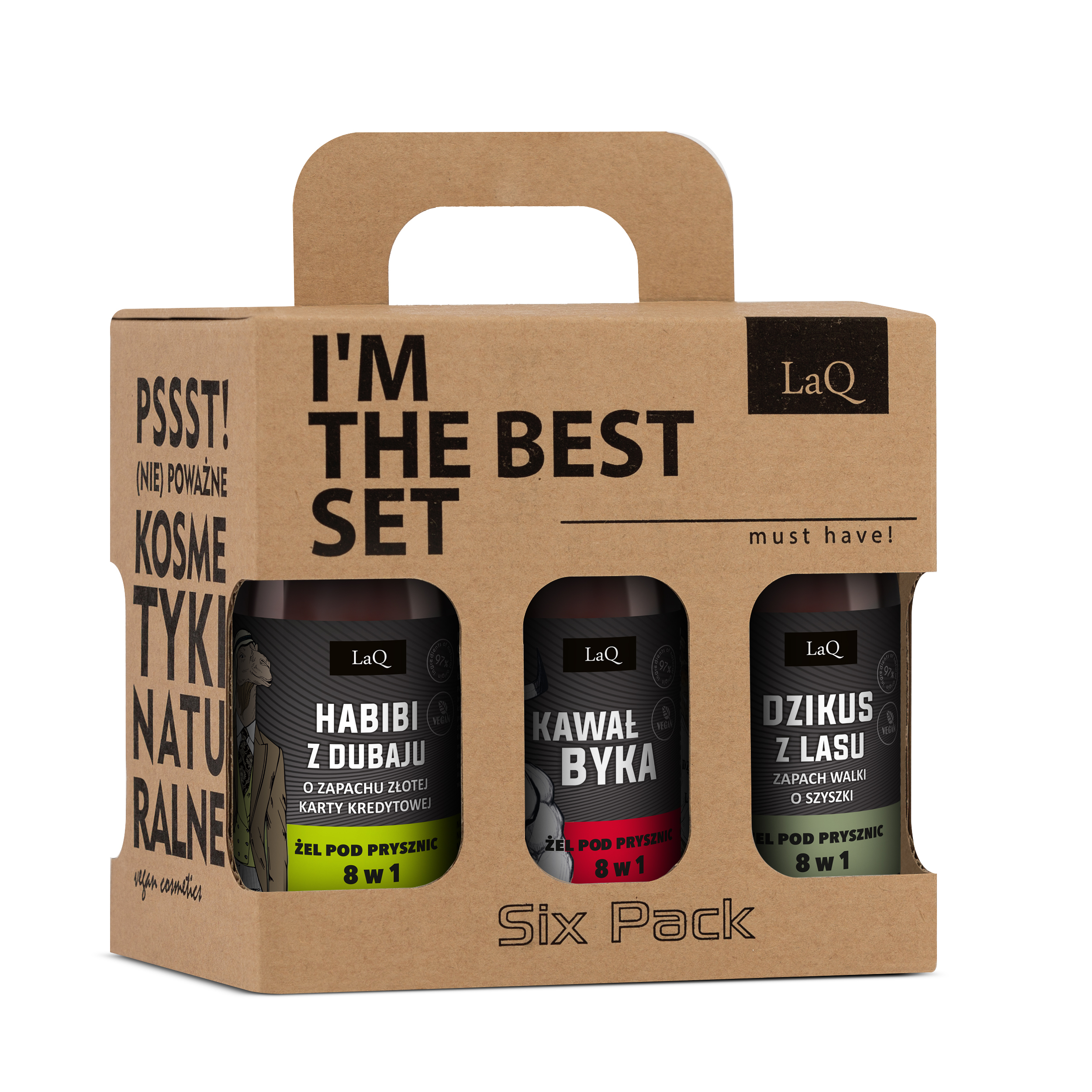 zestaw 6 x 100 ml żeli męskich LaQ dla mężczyzn zawiera żele: Habibi, Kawał Byka, Dzikus z Lasu, Seks i Biznes, Ryszard z Bieszczad oraz Kozioł z Klasą w kartoniky prezentowym I'm The Best