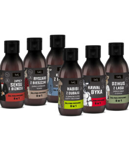 zestaw 6 x 100 ml żeli męskich LaQ dla mężczyzn zawiera żele: Habibi, Kawał Byka, Dzikus z Lasu, Seks i Biznes, Ryszard z Bieszczad oraz Kozioł z Klasą