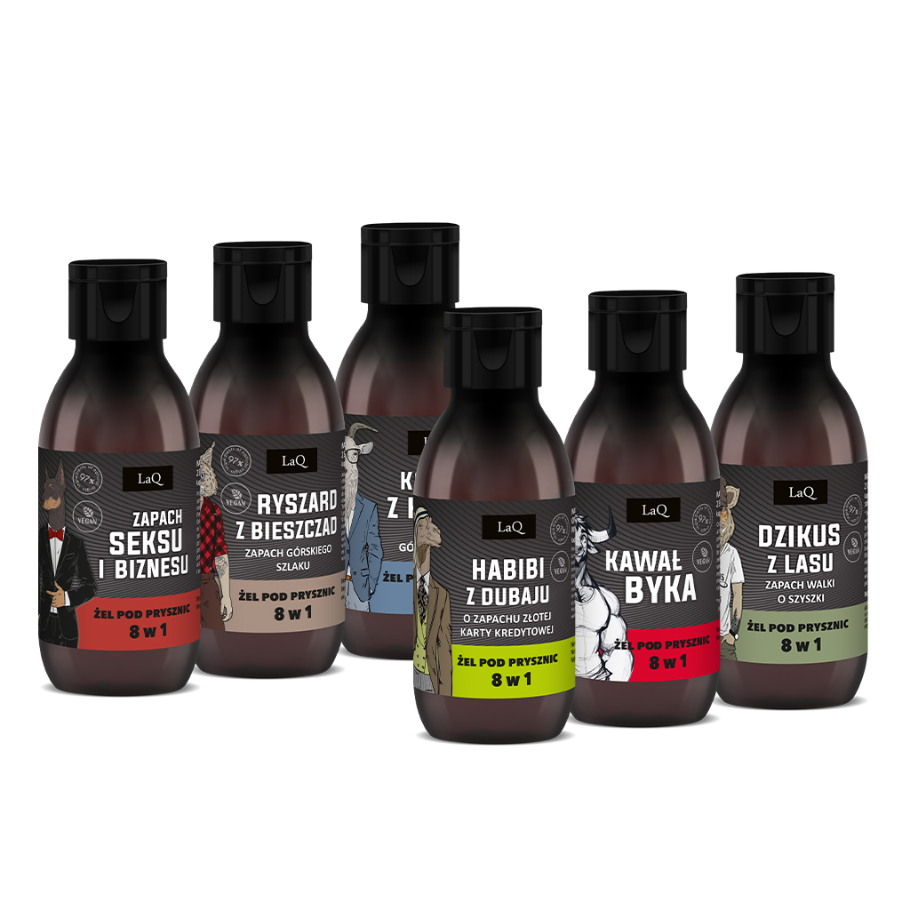 zestaw 6 x 100 ml żeli męskich LaQ dla mężczyzn zawiera żele: Habibi, Kawał Byka, Dzikus z Lasu, Seks i Biznes, Ryszard z Bieszczad oraz Kozioł z Klasą