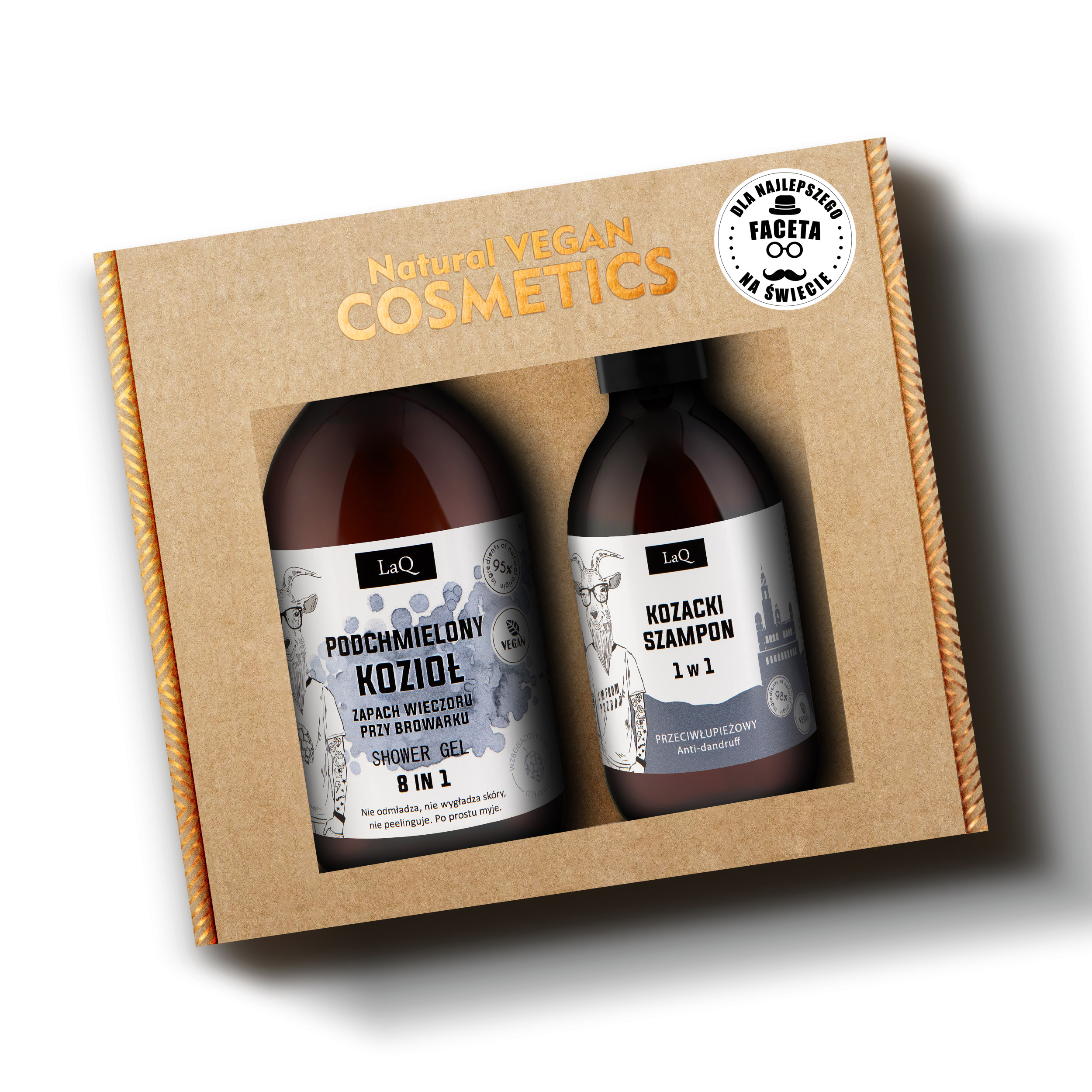 zestaw kosmetyków dla mężczyzny LaQ Podchmielony Kozioł zawierający żel pod prysznic w butelce z pompką 500 ml oraz szampon do włosów w butelce z pompką 300 ml zapakowane w karoniku prezentowym z naklejką "Dla najlepszego faceta"