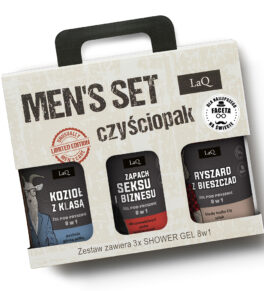 zestaw żeli pod prysznic dla mężczyzn marki LaQ 3x500 ml , zawiera żel Seks i Biznes, Ryszard z Bieszczad oraz Kozio z klasą w kartoniku prezentowym z uchwytem oraz naklejką DLA NAJLEPSZEGO FACETA