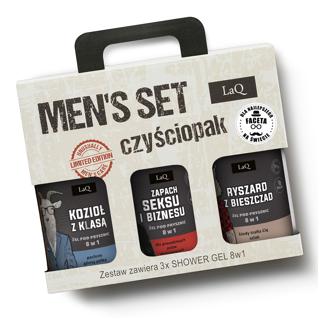 zestaw żeli pod prysznic dla mężczyzn marki LaQ 3x500 ml , zawiera żel Seks i Biznes, Ryszard z Bieszczad oraz Kozio z klasą w kartoniku prezentowym z uchwytem oraz naklejką DLA NAJLEPSZEGO FACETA