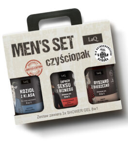 zestaw żeli pod prysznic dla mężczyzn marki LaQ 3x500 ml , zawiera żel Seks i Biznes, Ryszard z Bieszczad oraz Kozio z klasą w kartoniku prezentowym z uchwytem oraz naklejką DLA SUPER DZIADKA