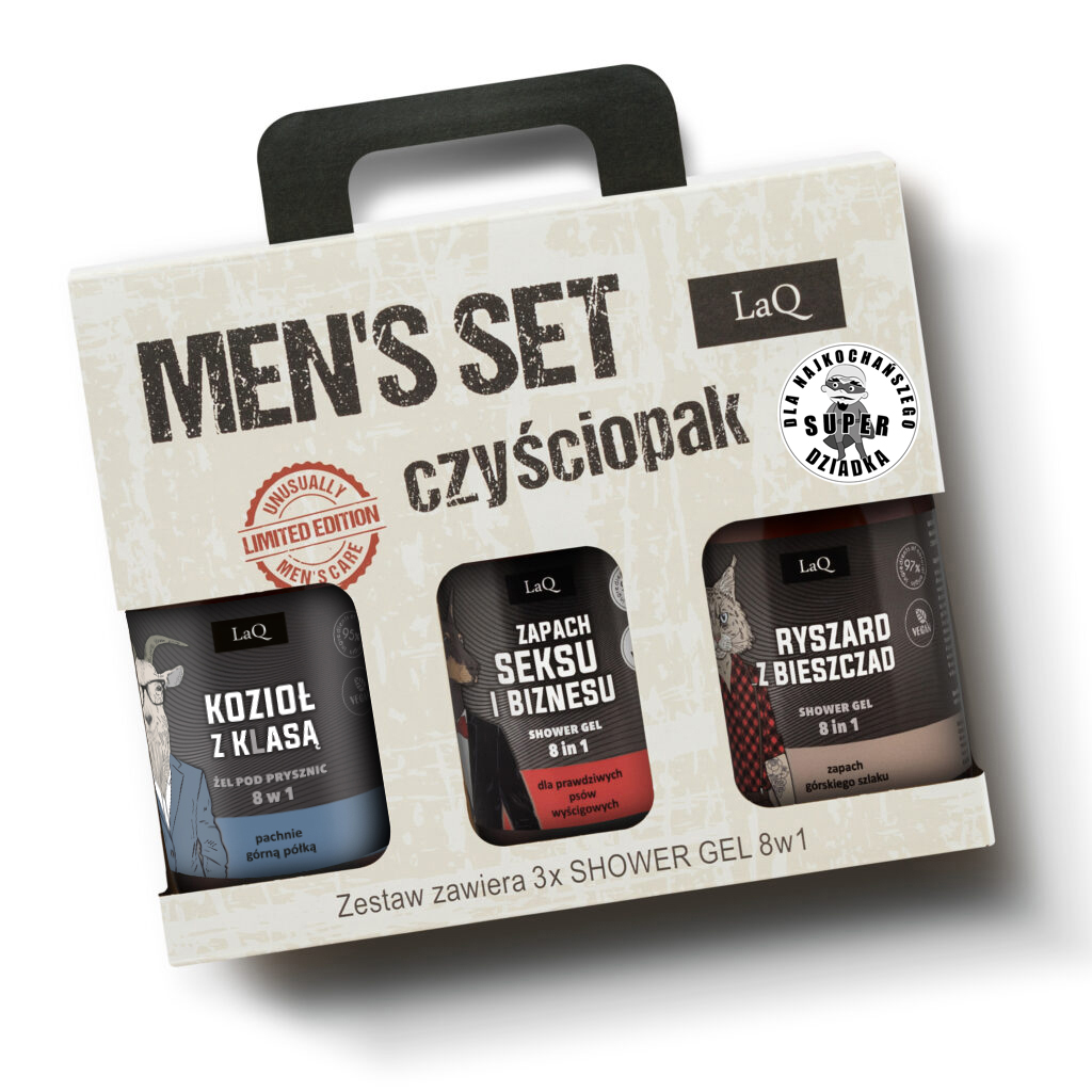 zestaw żeli pod prysznic dla mężczyzn marki LaQ 3x500 ml , zawiera żel Seks i Biznes, Ryszard z Bieszczad oraz Kozio z klasą w kartoniku prezentowym z uchwytem oraz naklejką DLA SUPER DZIADKA