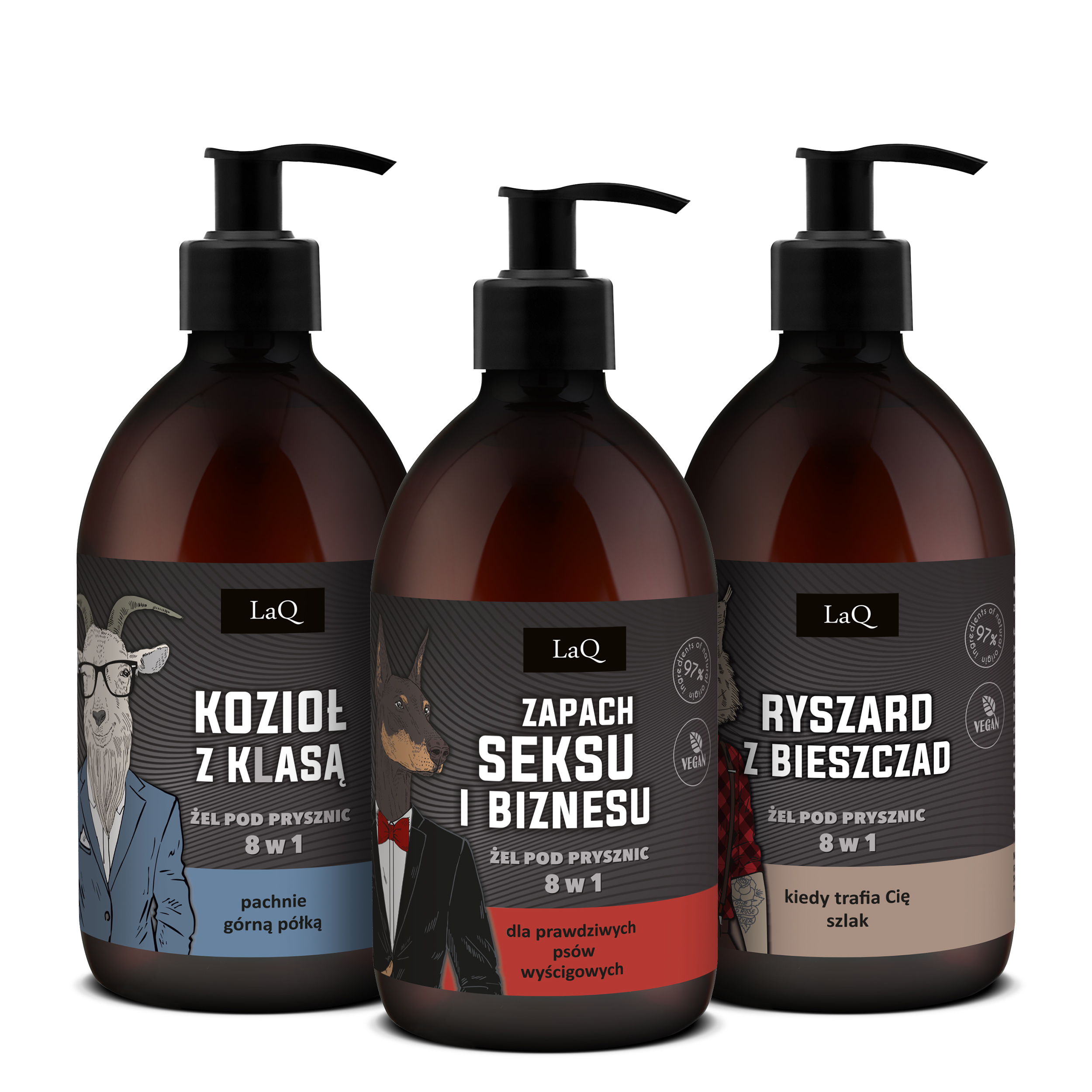 zestaw żeli pod prysznic dla mężczyzn marki LaQ 3x500 ml , zawiera żel Seks i Biznes, Ryszard z Bieszczad oraz Kozio z klasą w kartoniku prezentowym z uchwytem