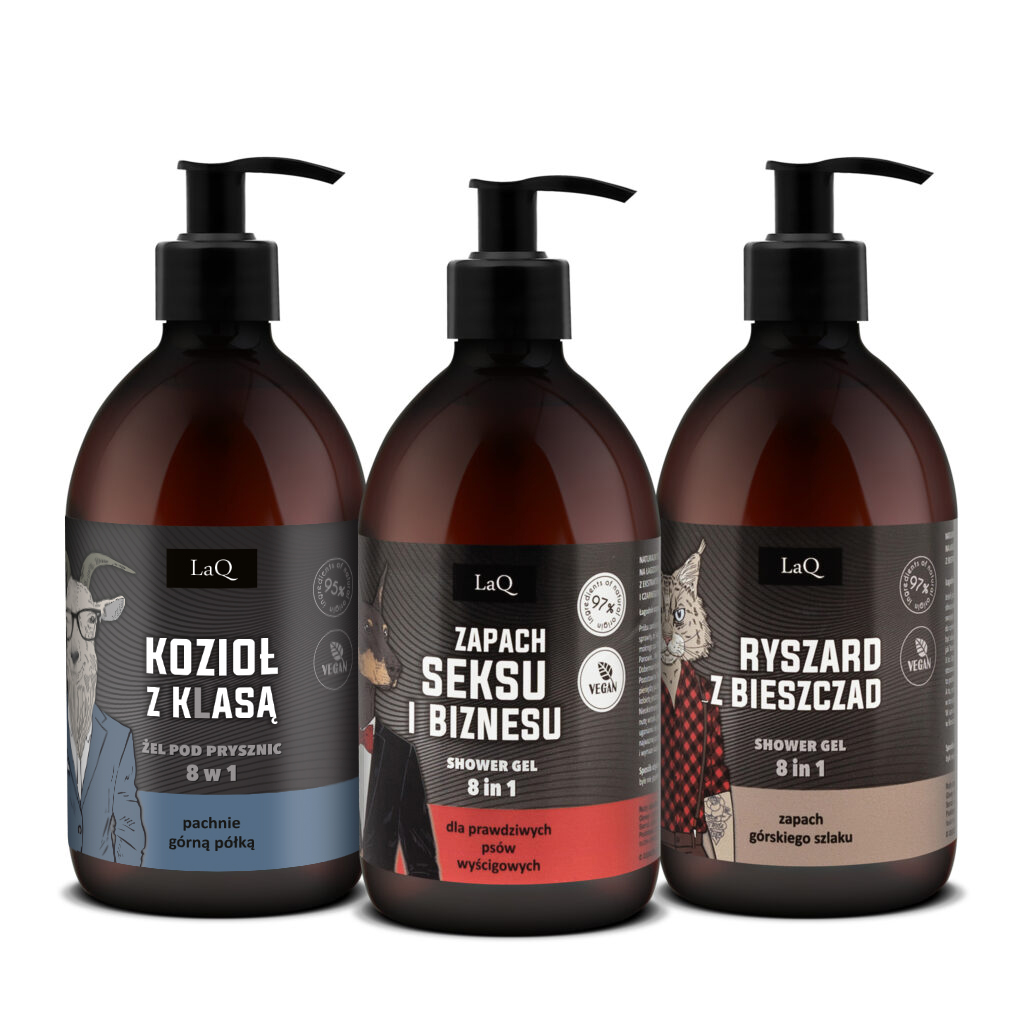 zestaw żeli pod prysznic dla mężczyzn marki LaQ 3x500 ml , zawiera żel Seks i Biznes, Ryszard z Bieszczad oraz Kozio z klasą w kartoniku prezentowym z uchwytem