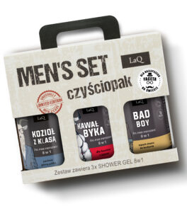 zestaw żeli pod prysznic dla mężczyzn marki LaQ 3x500 ml , zawiera żele Kawał Byka, Bad Boy oraz Kozioł z klasą w kartoniku prezentowym z uchwytem oraz naklejką DLA NAJLEPSZEGO FACETA