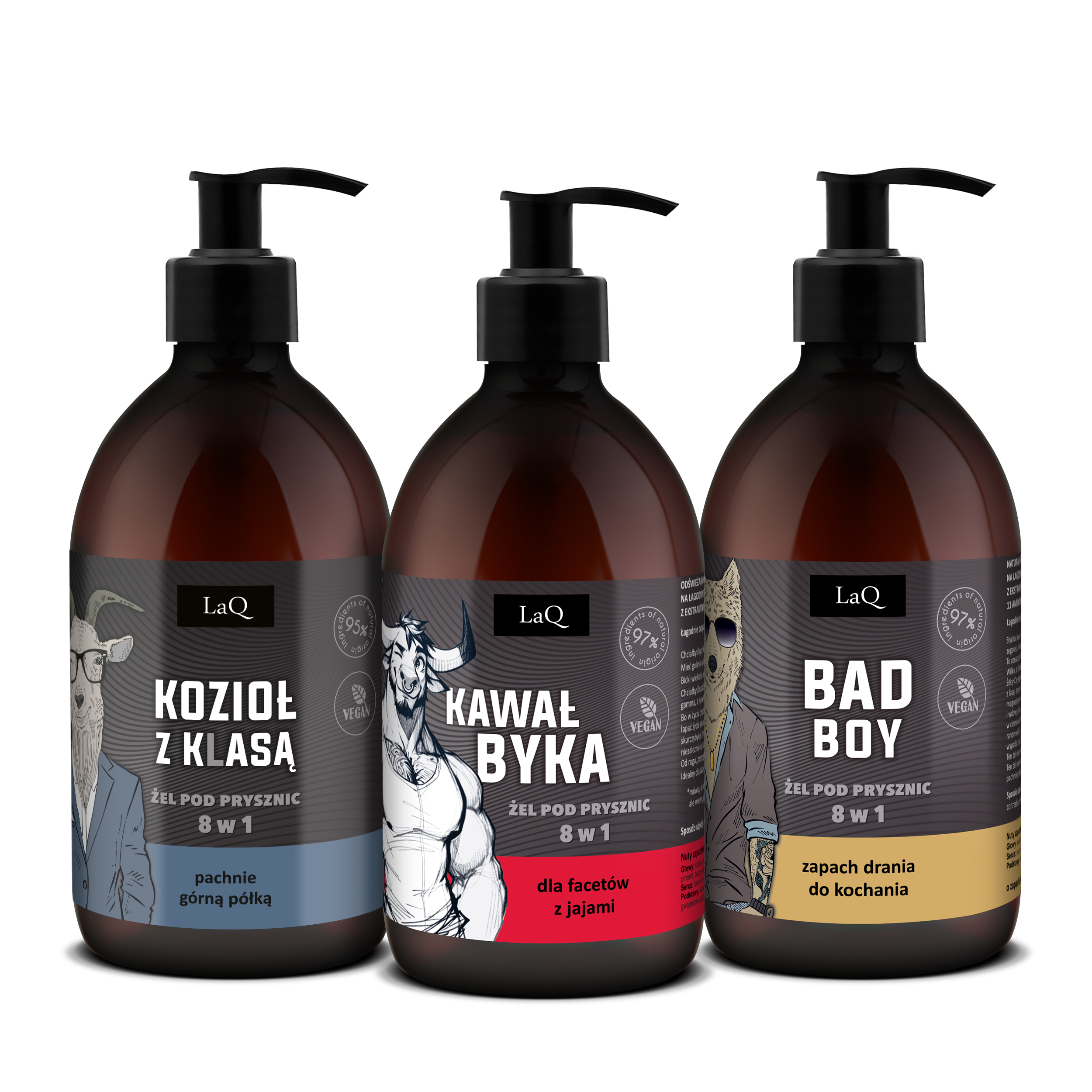 zestaw żeli pod prysznic dla mężczyzn marki LaQ 3x500 ml , zawiera żele Kawał Byka, Bad Boy oraz Kozioł z klasą w kartoniku prezentowym z uchwytem