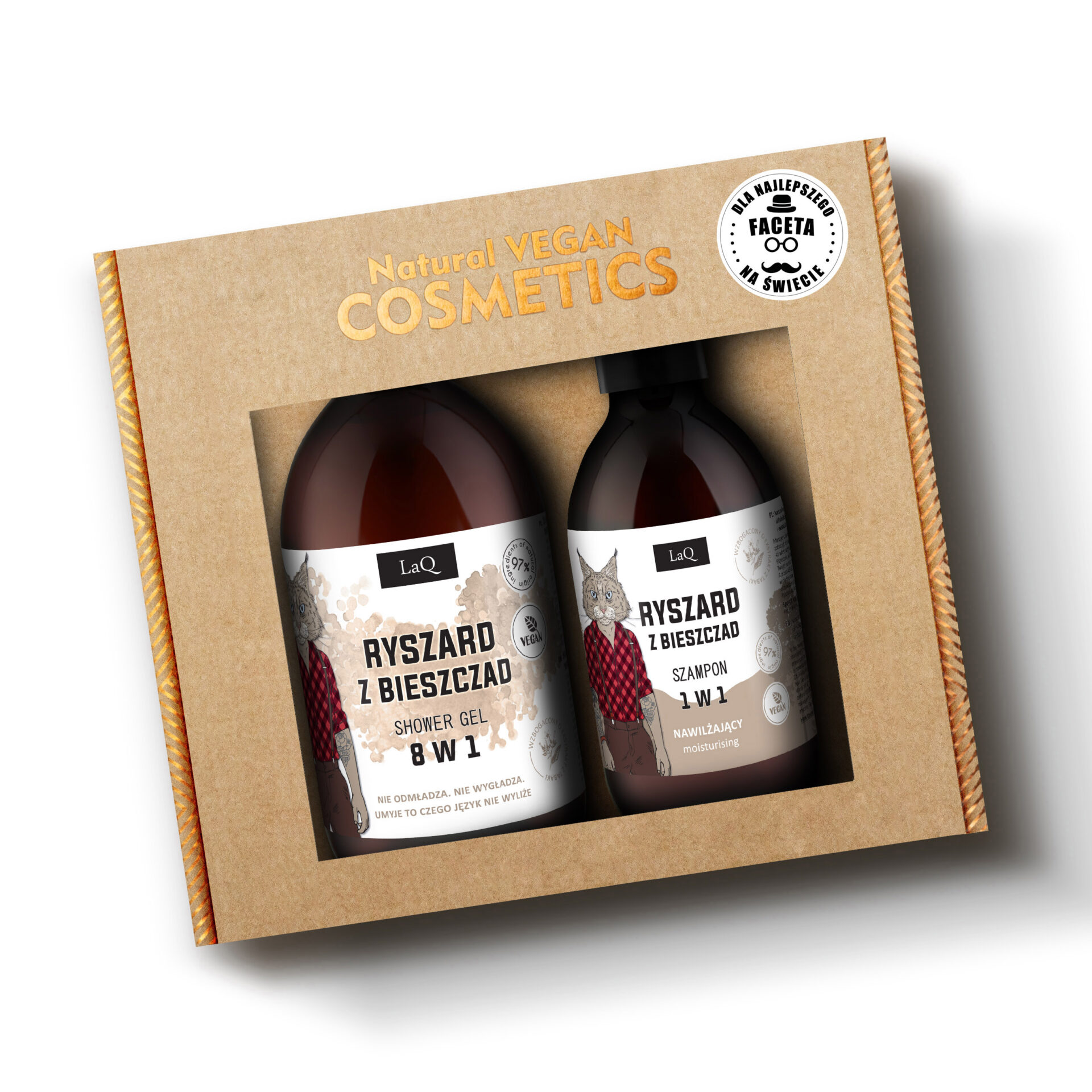 zestaw kosmetyków dla mężczyzny LaQ Ryszard z Bieszczad zawierający żel pod prysznic w butelce z pompką 500 ml oraz szampon do włosów w butelce z pompką 300 ml zapakowane w karoniku prezentowym z naklejką "Dla najlepszego faceta"