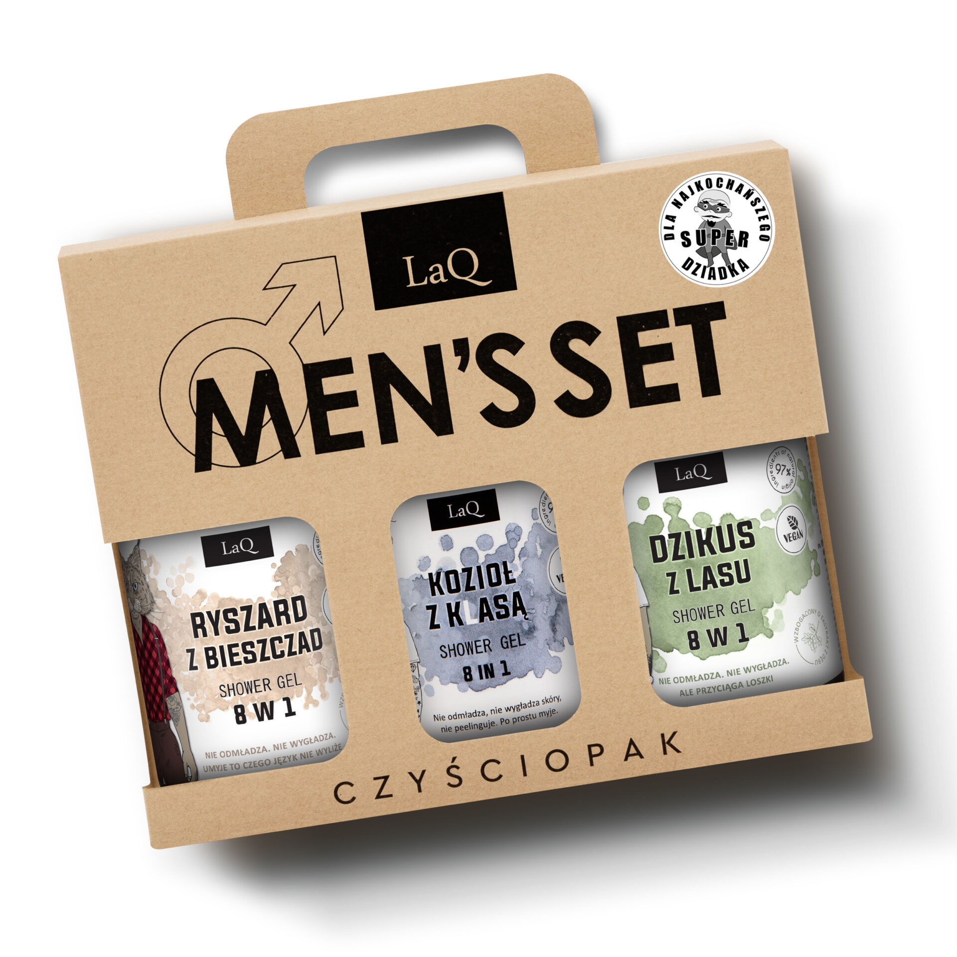 zestaw żeli pod prysznic dla mężczyzn marki LaQ 3x500 ml , zawiera żel Dzikus z Lasu, Ryszard z Bieszczad oraz Kozioł z Klasą w kartoniku prezentowym z uchwytem oraz naklejką DLA NAJKOCHAŃSZEGO DZIADKA