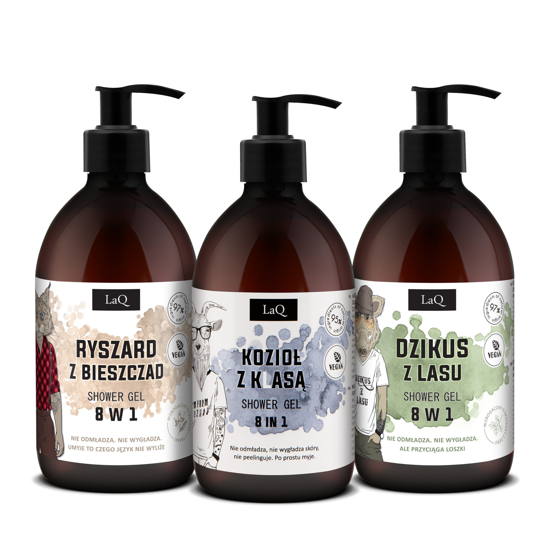 zestaw 3 żeli męskich LaQ 3x500 ml : Ryszrd z Bieszczad, Kozioł z Klasą oraz Dzikus z Lasu