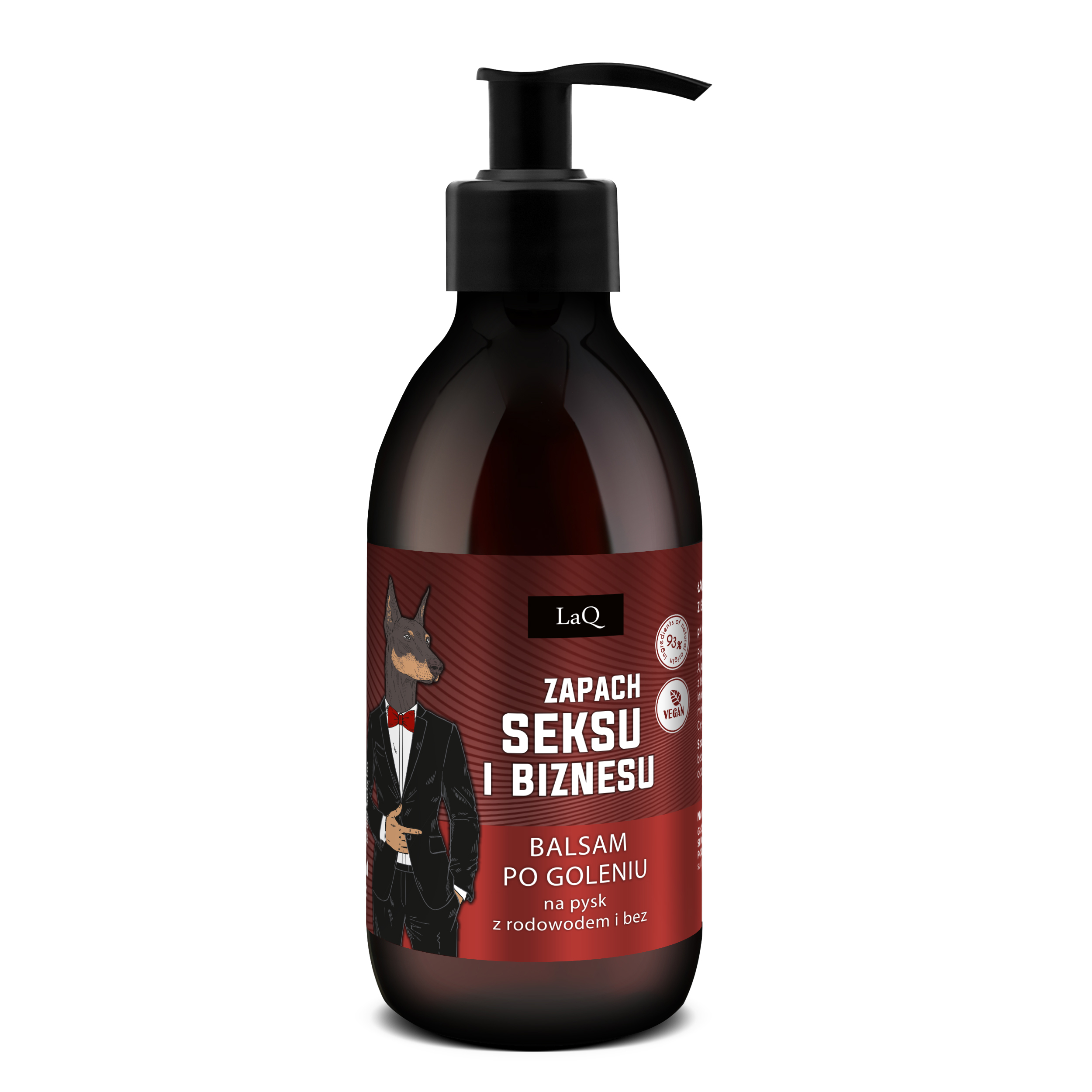 balsam po goleniu i krem do twarzy LaQ Seks i Biznes w brązowej butelce 150 ml z pompka oraz czerwoną etykietą z Dobermanem w garniturze