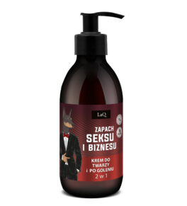 balsam po goleniu i krem do twarzy LaQ Seks i Biznes w brązowej butelce 150 ml z pompka oraz czerwoną etykietą z Dobermanem w garniturze