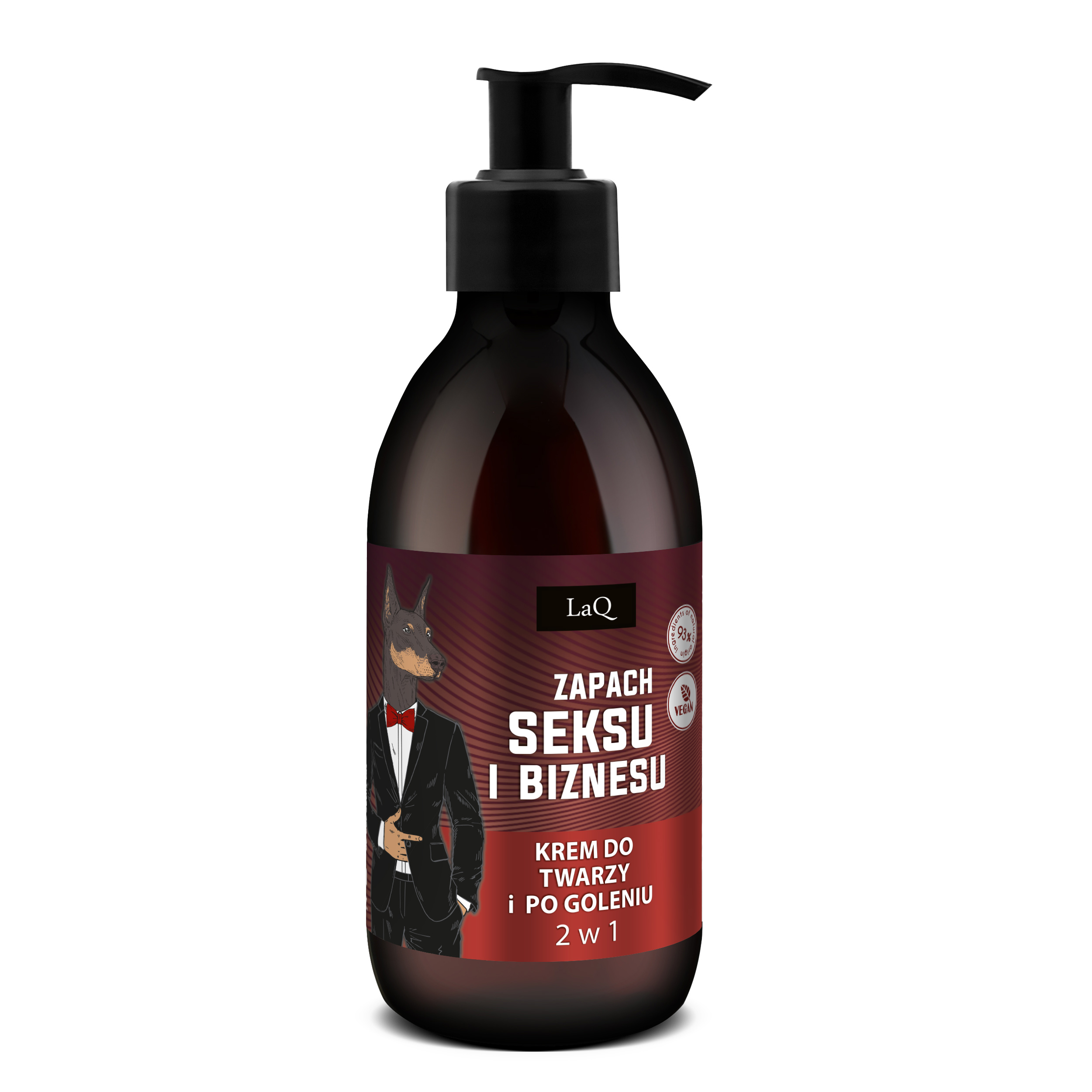 balsam po goleniu i krem do twarzy LaQ Seks i Biznes w brązowej butelce 150 ml z pompka oraz czerwoną etykietą z Dobermanem w garniturze