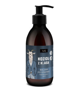 balsam po goleniu LaQ Kozioł z Klasą w brązowej butelce 150 ml z pompka oraz niebieską etykietą z Kozłem w garniturze