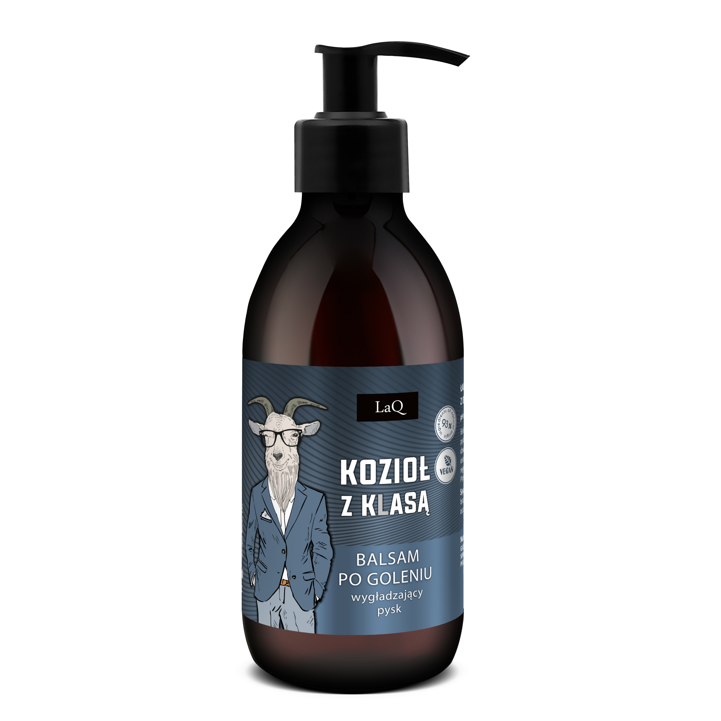 balsam po goleniu LaQ Kozioł z Klasą w brązowej butelce 150 ml z pompka oraz niebieską etykietą z Kozłem w garniturze