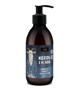 Męski krem do twarzy i po goleniu LaQ Kozioł z Klasą w brązowej butelce 150 ml z pompka oraz niebieską etykietą z Kozłem w garniturze