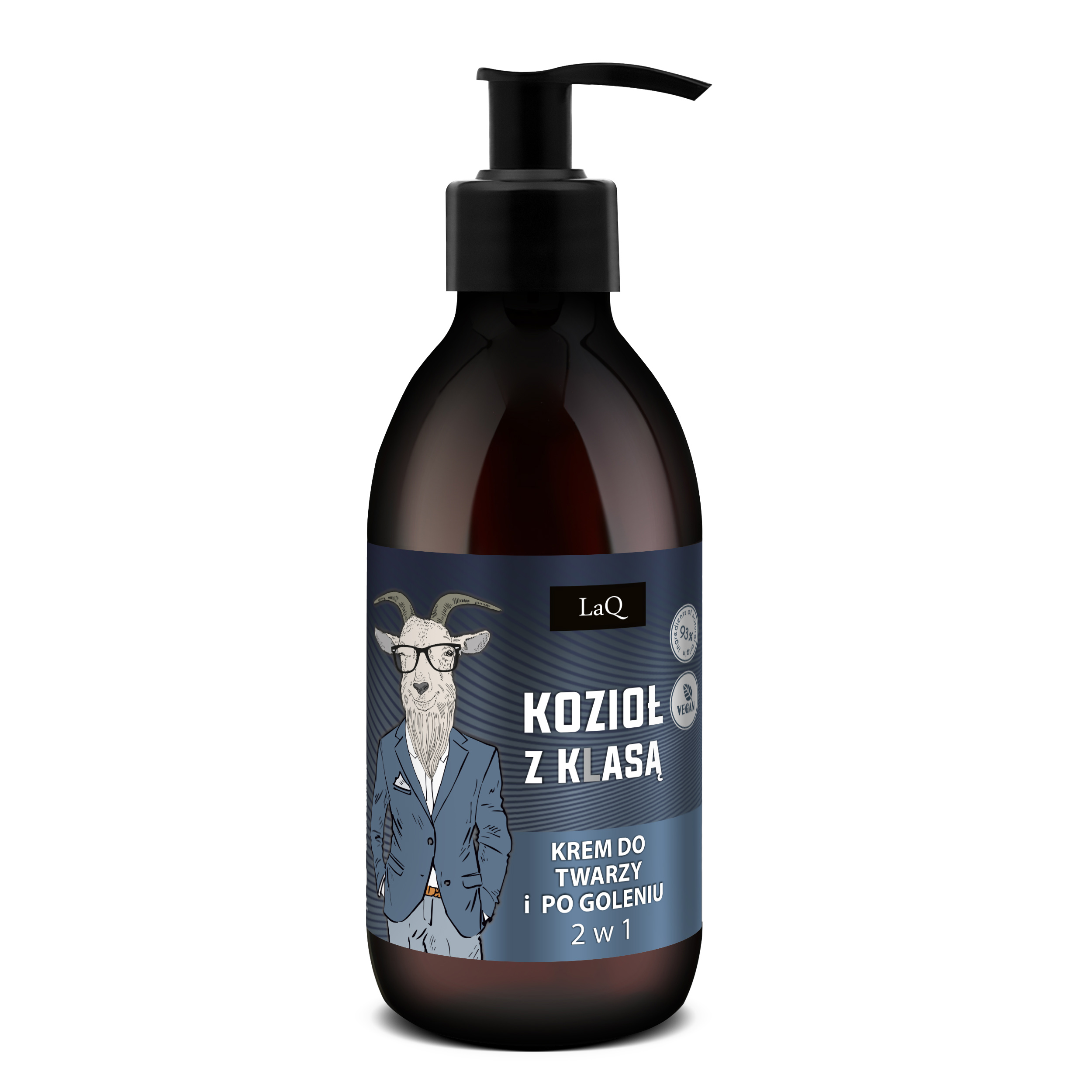 Męski krem do twarzy i po goleniu LaQ Kozioł z Klasą w brązowej butelce 150 ml z pompka oraz niebieską etykietą z Kozłem w garniturze