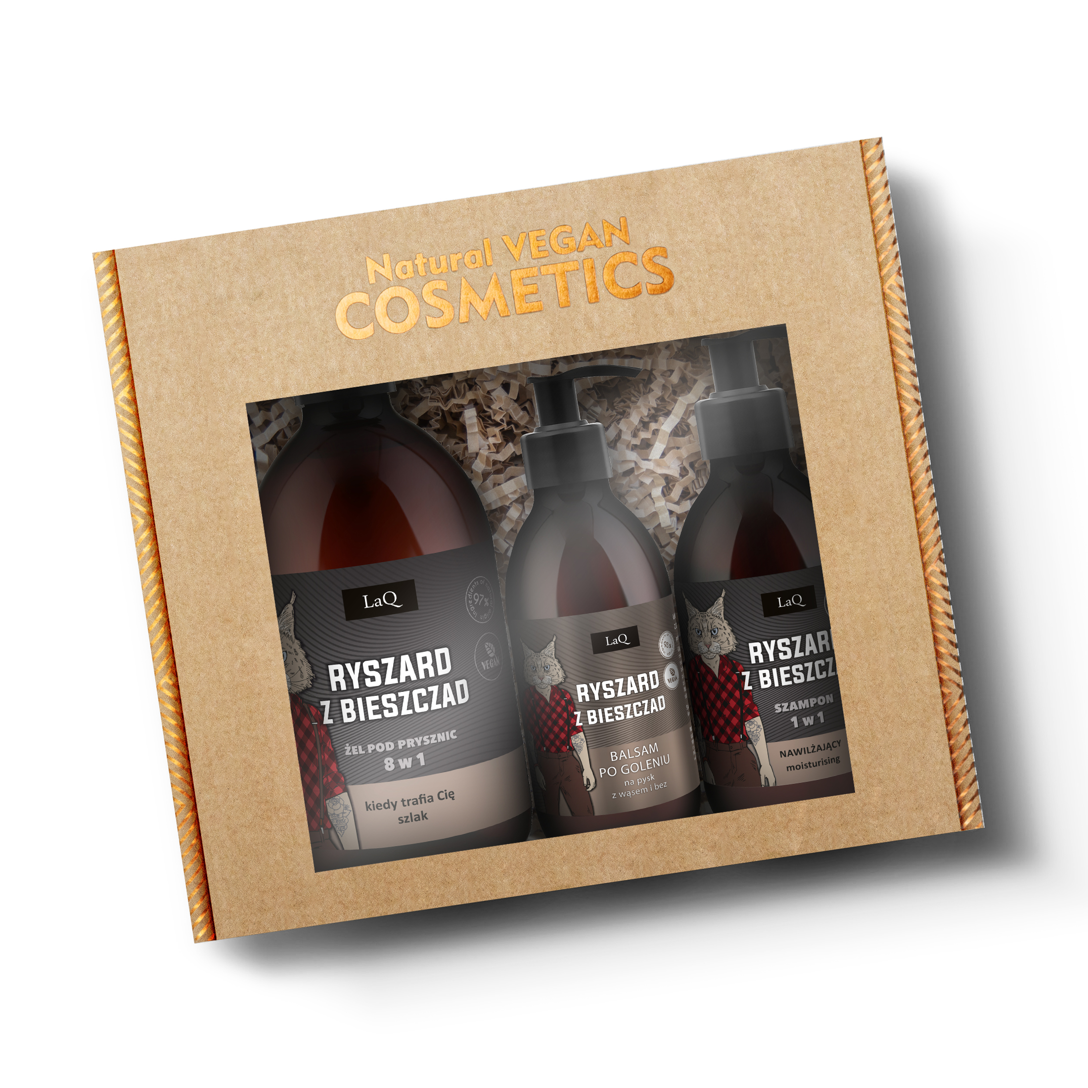 zestaw kosmetyków dla mężczyzn w kartonie na prezent żel szampon balsam ryszard z bieszczad laq
