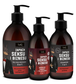 męski zestaw kosmetyków LaQ Zapach Seksu i Biznesu zawierający żel pod prysznic 500 ml, oczyszczający szampon do włosów 300 ml oraz męski krem do twarzy i po goleniu 150 ml
