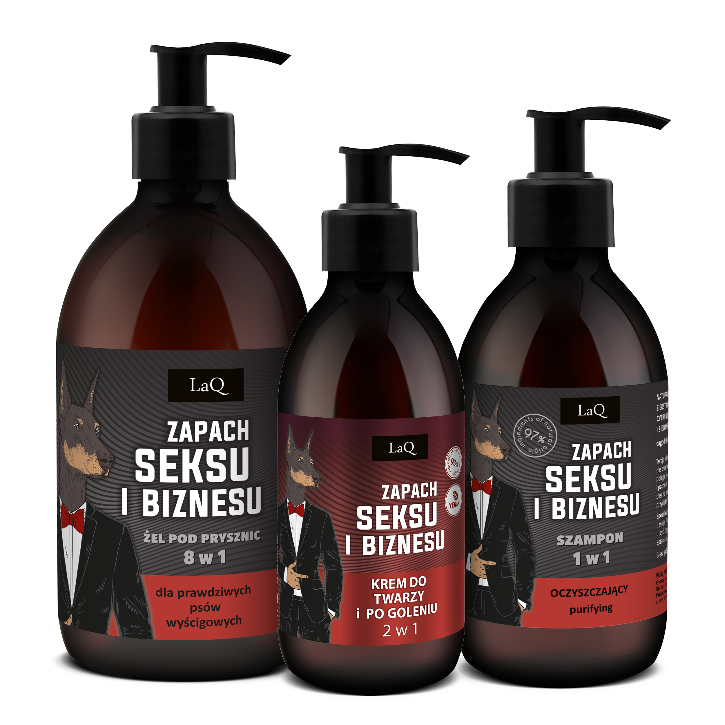 męski zestaw kosmetyków LaQ Zapach Seksu i Biznesu zawierający żel pod prysznic 500 ml, oczyszczający szampon do włosów 300 ml oraz męski krem do twarzy i po goleniu 150 ml