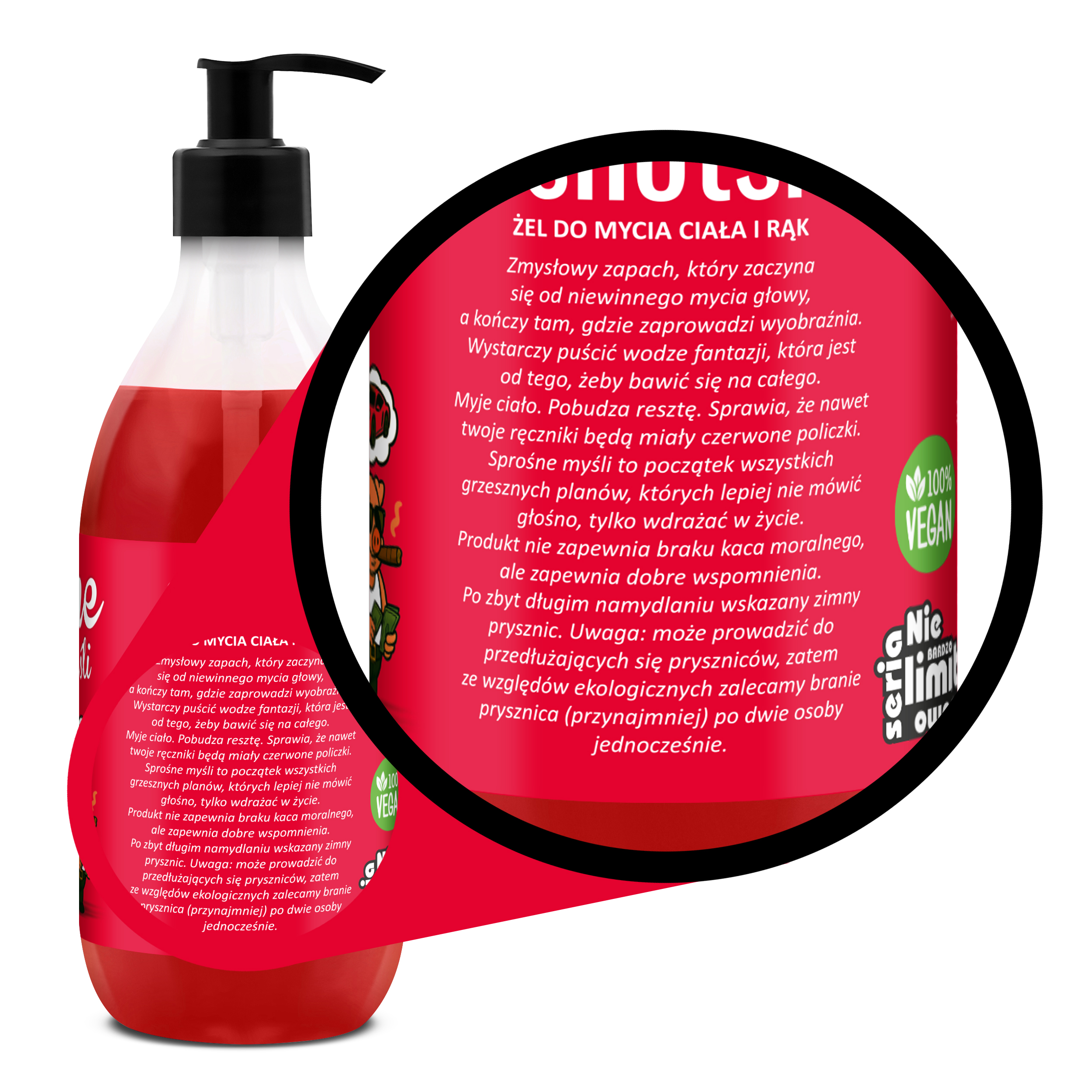 przybliżenie opisu etykiety żelu pod prysznic Shots! Sprośne Myśli