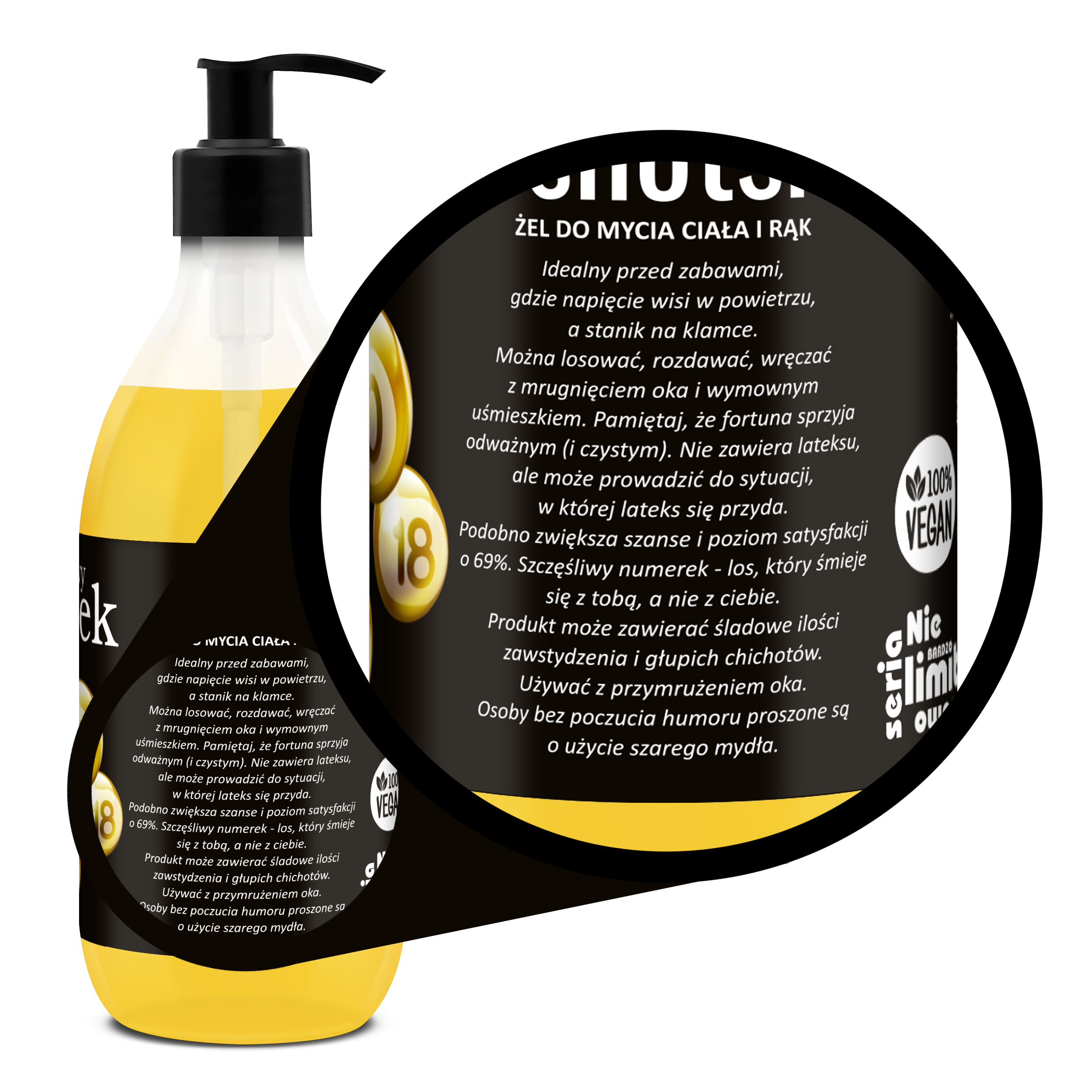 przybliżenie opisu etykiety żelu pod prysznic Shots! Szczęśliwy Numerek