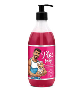 żel pod prysznic Shots! Pies Na Baby 500 ml z różową etykietą z facetem trzymającym psa na etykiecie na etykiecie