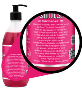 Close-up of the Shots! Baby Dog shower gel label description