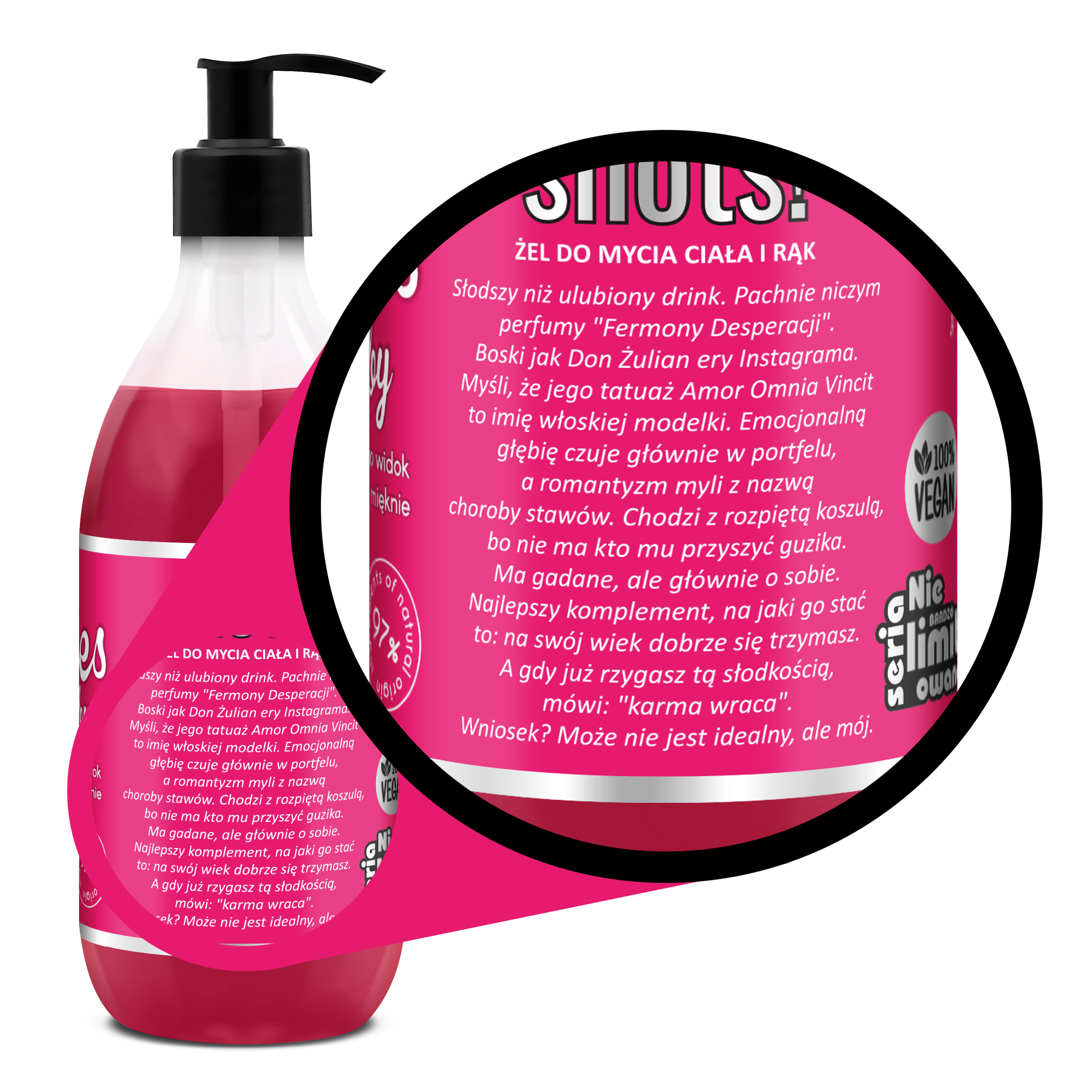 przybliżenie opisu etykiety żelu pod prysznic Shots! Pies na baby