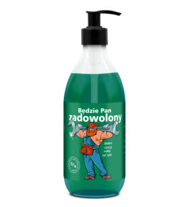 żel pod prysznic Shots! Będzie Pan Zadowolony 500 ml z zieloną etykietą z facetem-złotą rączką na etykiecie