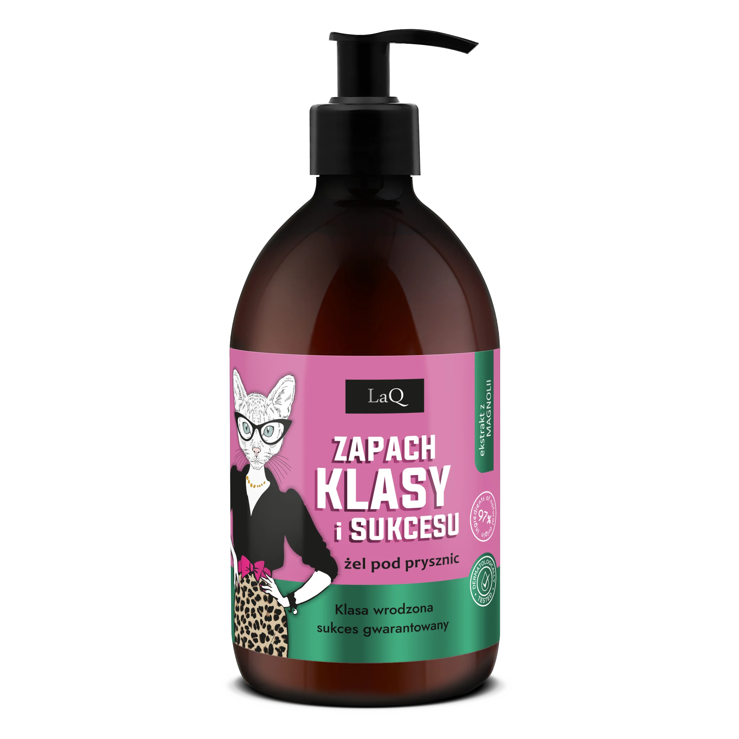Lag Magnolia Zapach Klasy i Sukcesu żel pod prysznic dla kobiet w butelce 500 ml z pompką oraz różową etykietą z wizerunkiem kocicy