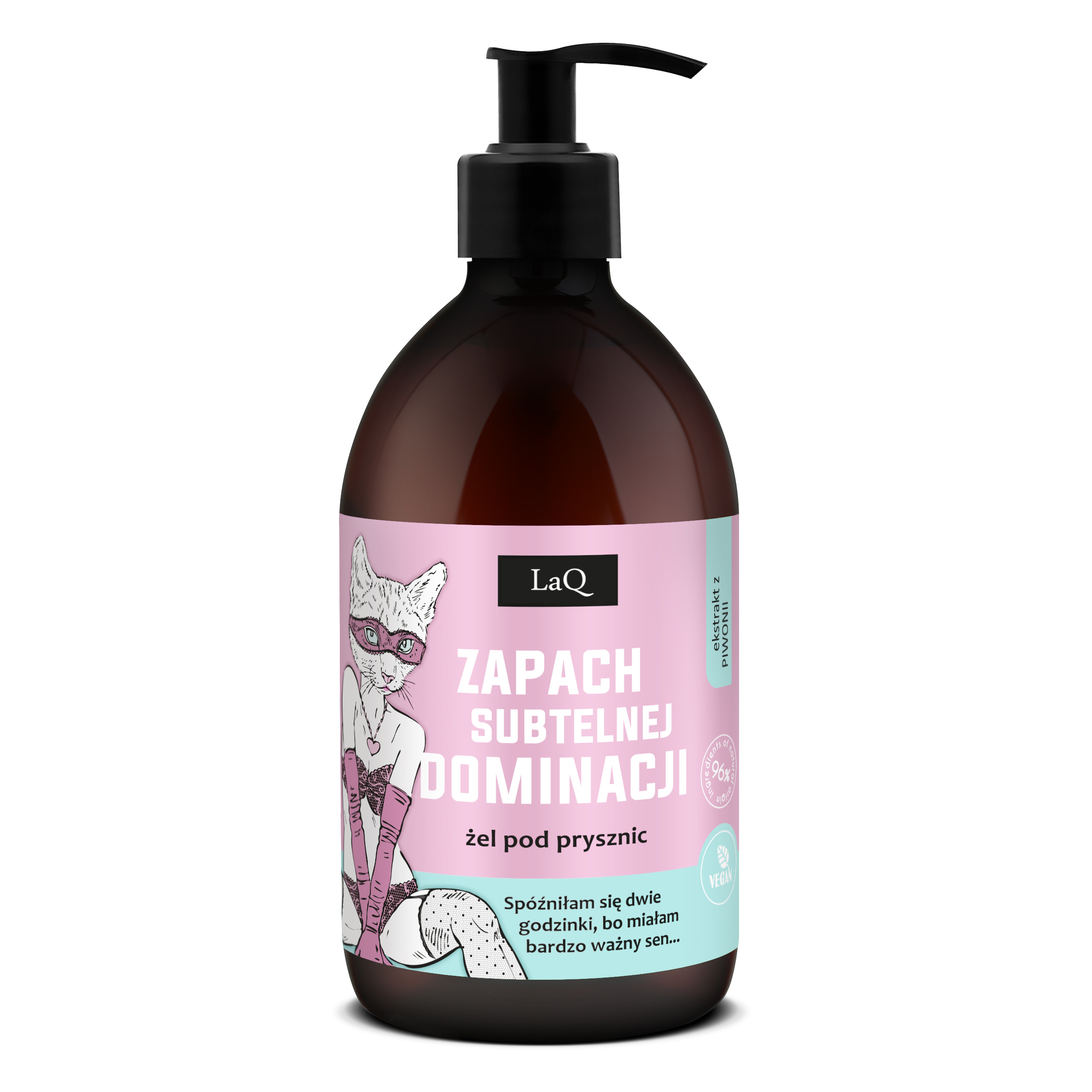 żel pod pryszniz LaQ Piwonia Zapach Subtelnej Dominacji 500 ml w brązowej butelce z pompką i kotką w maskce i z pejczem na etykiecie