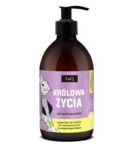 żel pod pryszniz LaQ Niezapomonajka Królowa Życia 500 ml w brązowej butelce z pompką i króliczką z tatuażami na etykiecie