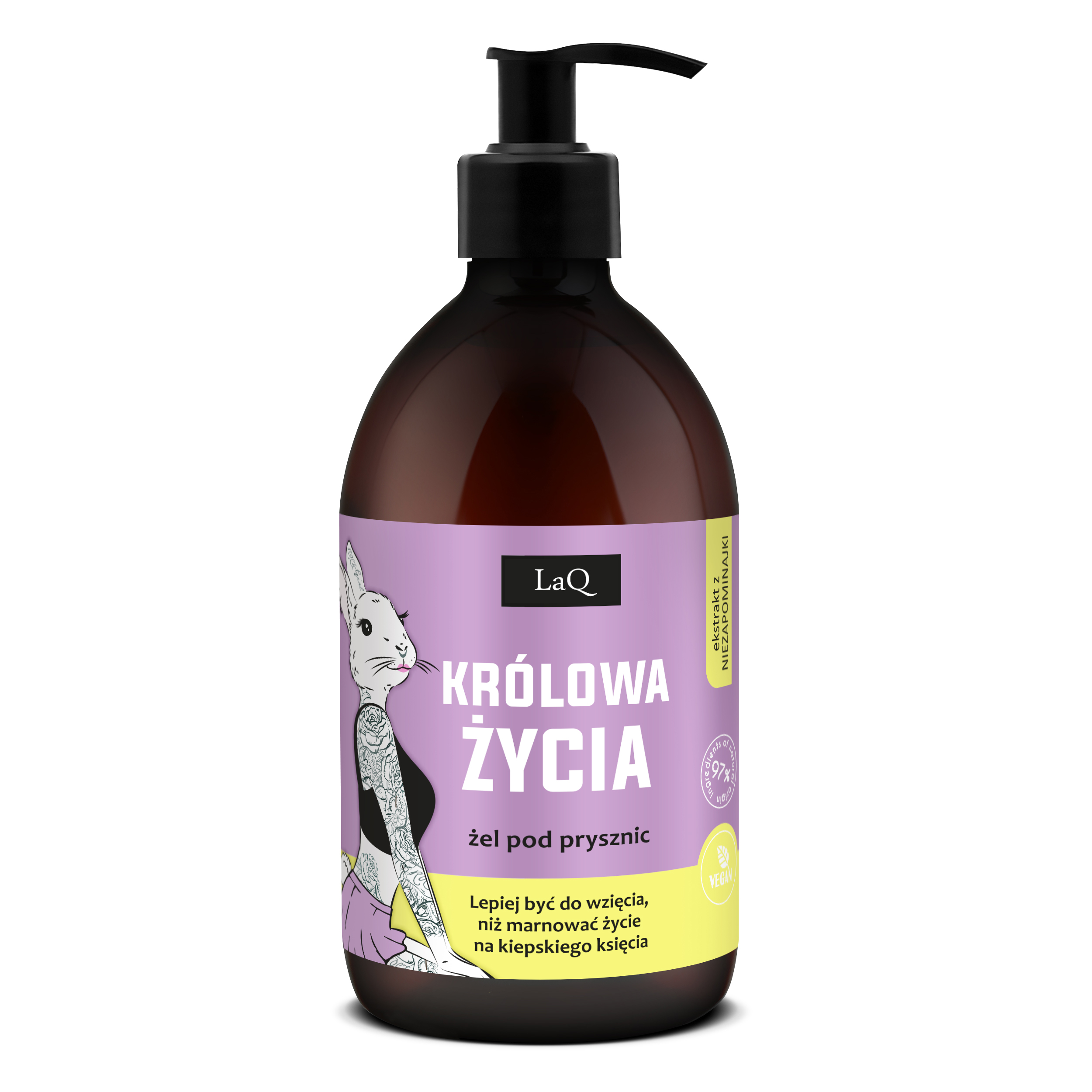 żel pod pryszniz LaQ Niezapomonajka Królowa Życia 500 ml w brązowej butelce z pompką i króliczką z tatuażami na etykiecie