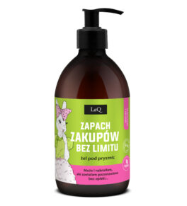 żel pod pryszniz LaQ Kiwi i Winogrona Zapach Zakupów Bez Limitu 500 ml w brązowej butelce z pompką i króliczką w sukience na etykiecie