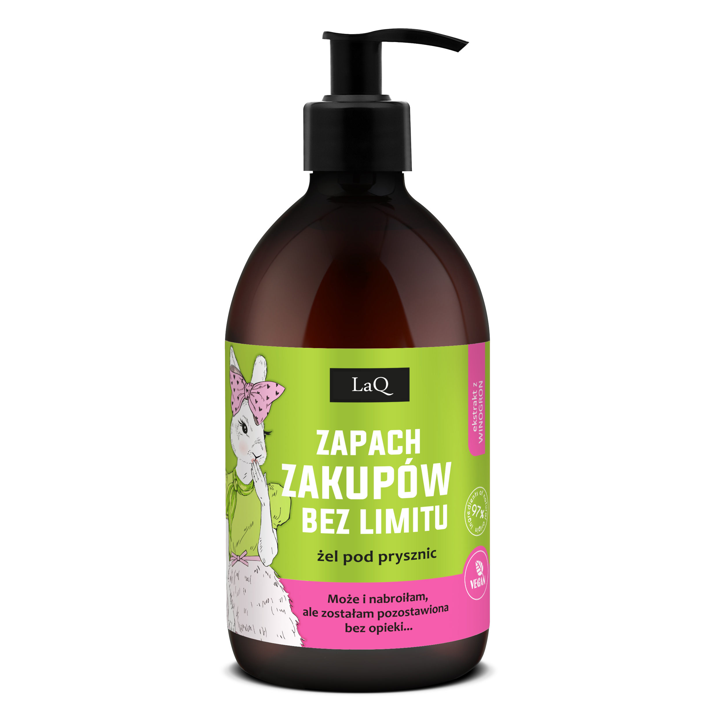 żel pod pryszniz LaQ Kiwi i Winogrona Zapach Zakupów Bez Limitu 500 ml w brązowej butelce z pompką i króliczką w sukience na etykiecie