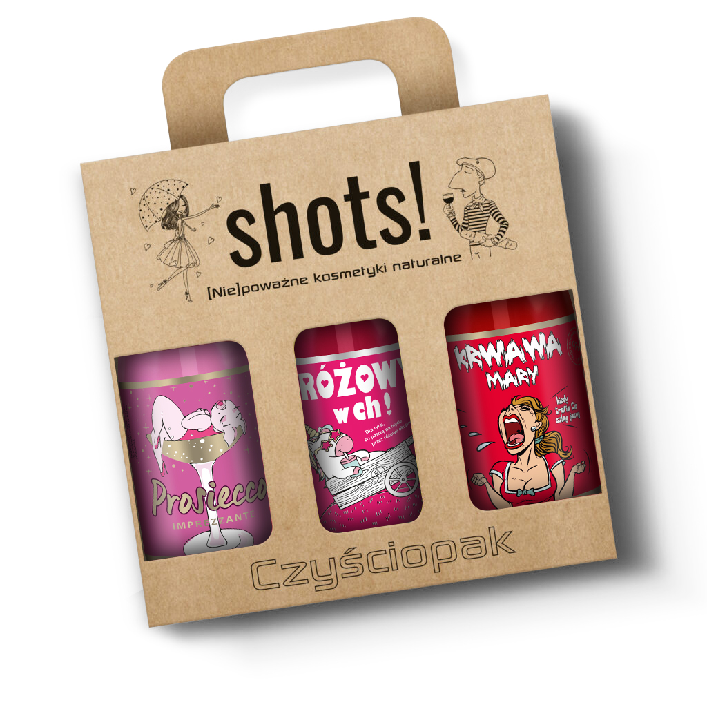 zestaw żeli Shots! 3x500 ml, zawiera żel pod prysznic Prosiecco, Różowy w Ch! oraz Krwawa Mary w kartoniku z uchwytem
