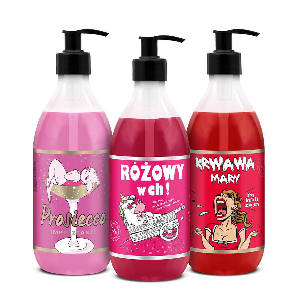 zestaw żeli Shots! 3x500 ml, zawiera żel pod prysznic Prosiecco, Różowy w Ch! oraz Krwawa Mary