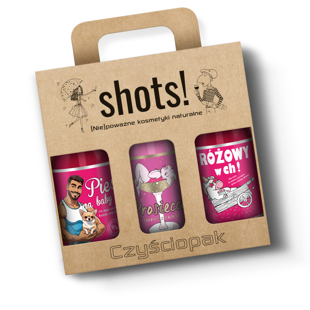 zestaw żeli Shots! 3x500 ml, zawiera żel pod prysznic Pies na baby Prosiecco oraz Różowy w Ch! wkartoniku z uchytem
