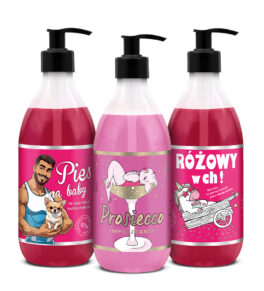 zestaw żeli Shots! 3x500 ml, zawiera żel pod prysznic Pies na baby Prosiecco oraz Różowy w Ch!