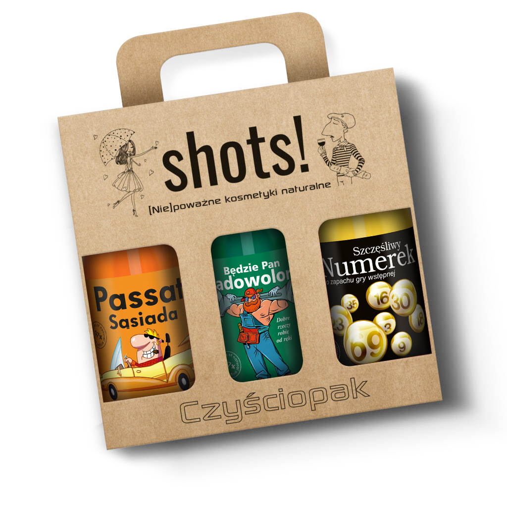 zestaw żeli Shots! 3x500 ml, zawiera żel pod prysznic Passat sąsiada, Będzie Pan Zadowolony oraz Szczęśliwy Numerek w kartoniku z uchwytem