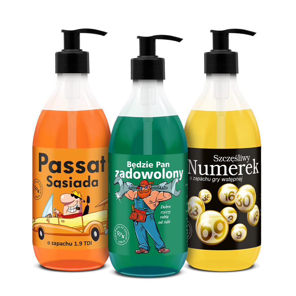 zestaw żeli Shots! 3x500 ml, zawiera żel pod prysznic Passat sąsiada, Będzie Pan Zadowolony oraz Szczęśliwy Numerek
