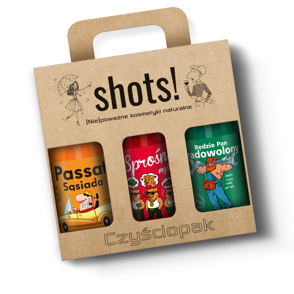 zestaw żeli Shots! 3x500 ml, zawiera żel pod prysznic Passat sąsiada, Sprośne Myśli oraz Będzie Pan Zadowolony w kartoniku z uchwytem