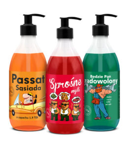 zestaw żeli Shots! 3x500 ml, zawiera żel pod prysznic Passat sąsiada, Sprośne Myśli oraz Będzie Pan Zadowolony