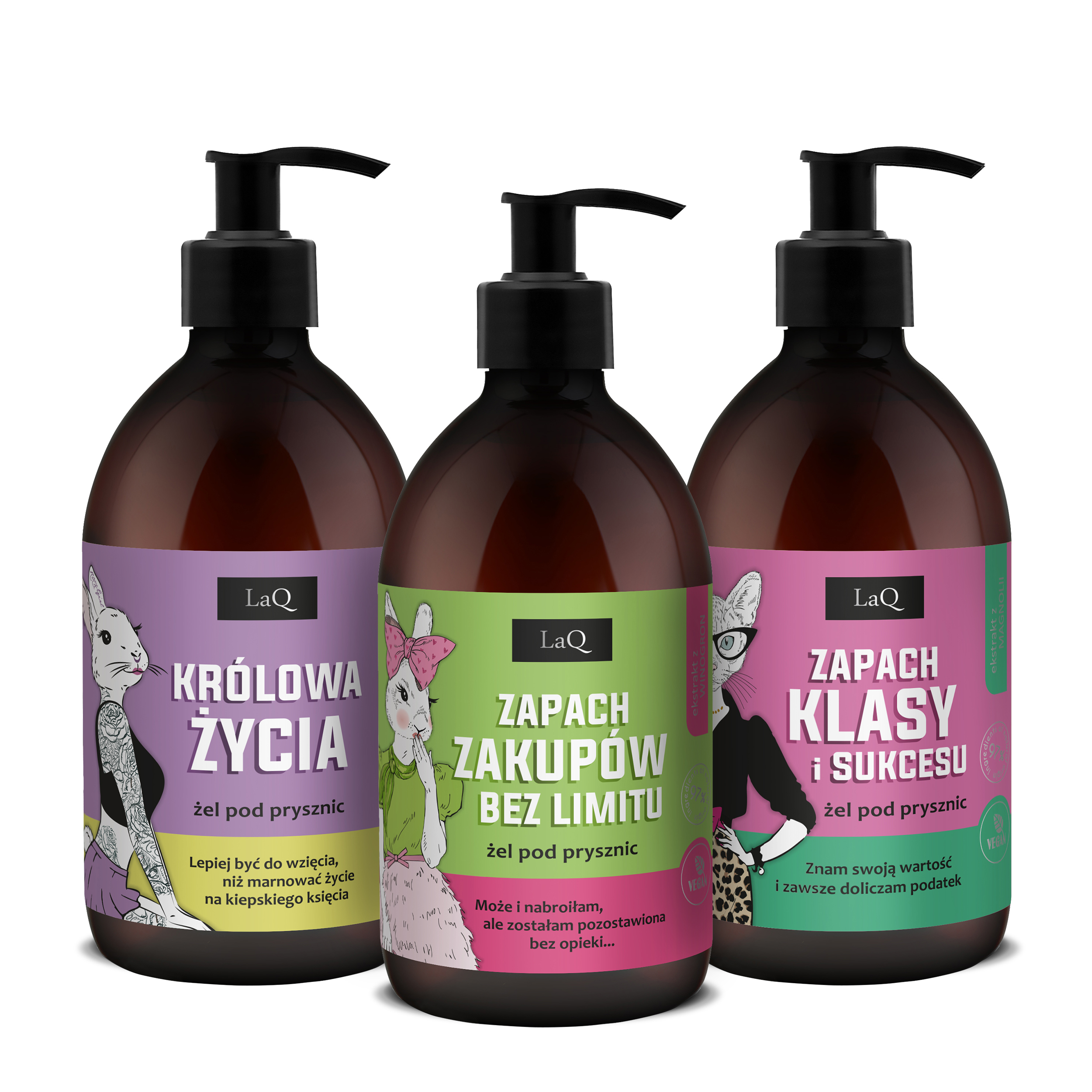 zestaw 3 x 500 ml żeli pod prysznic dla kobiet-zawieraz żel Niezapominajka Królowa Życia, Kiwi i Winogrona Zapach zakupów Bez Limitu oraz Magnolia Zapach Klasy i Sukcesu