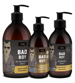 zestaw kosmetyków dla mężczyzn LaQ Bad Boy zawierający żel pod prysznic 500 ml w brązowej butelce z pompką, szampon do włosów 300 ml z pompką oraz KREM DO TWARZY I PO GOLENIU