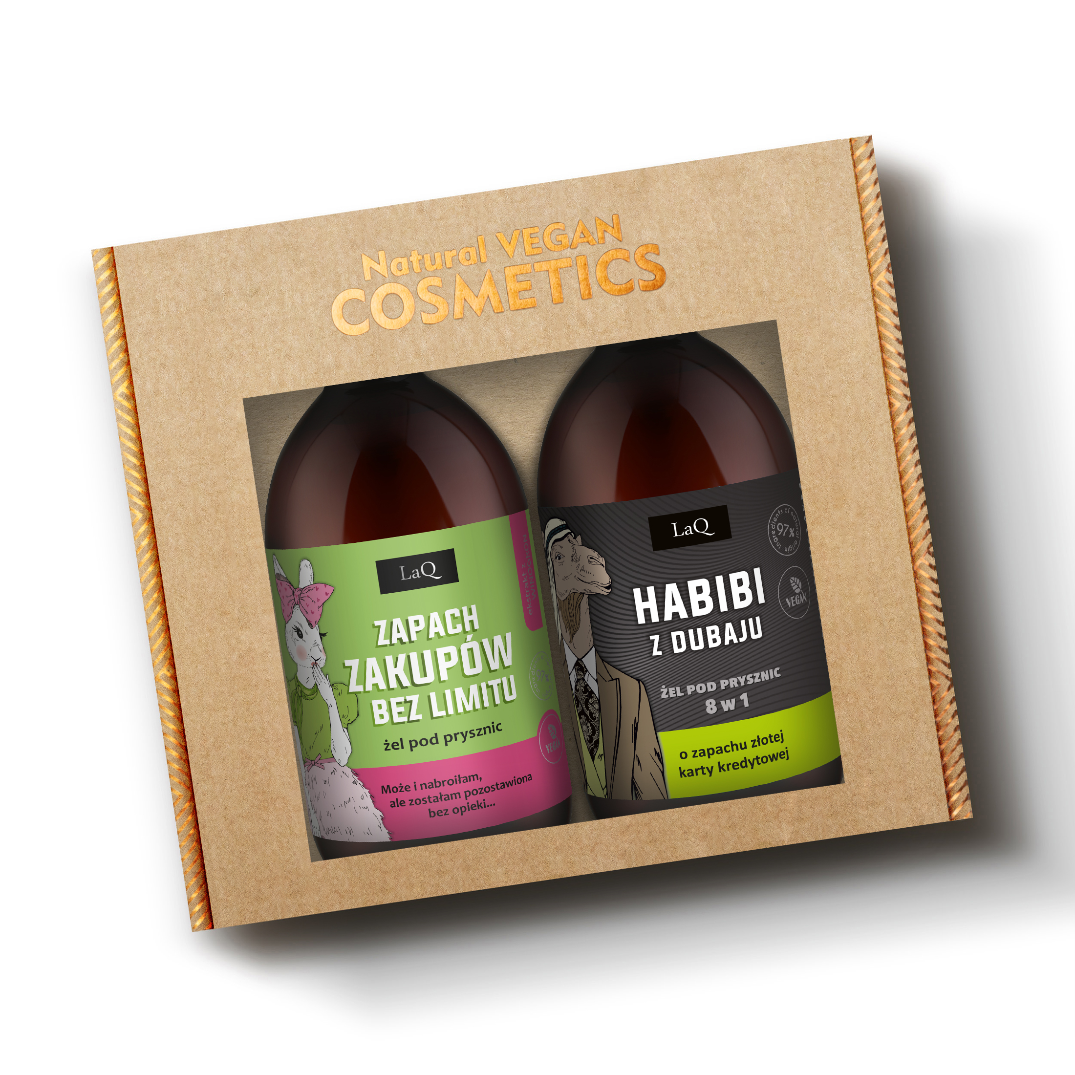 zestaw żeli pod prysznic marki LaQ dla niej i dla niego-zawiera żel Kiwi i Winogrona Zapach Zakupów bez limitu 500 ml oraz Habibi z Dubaju o zapachu złotej karty kredytowej 500 ml w kartoniku prezentowym
